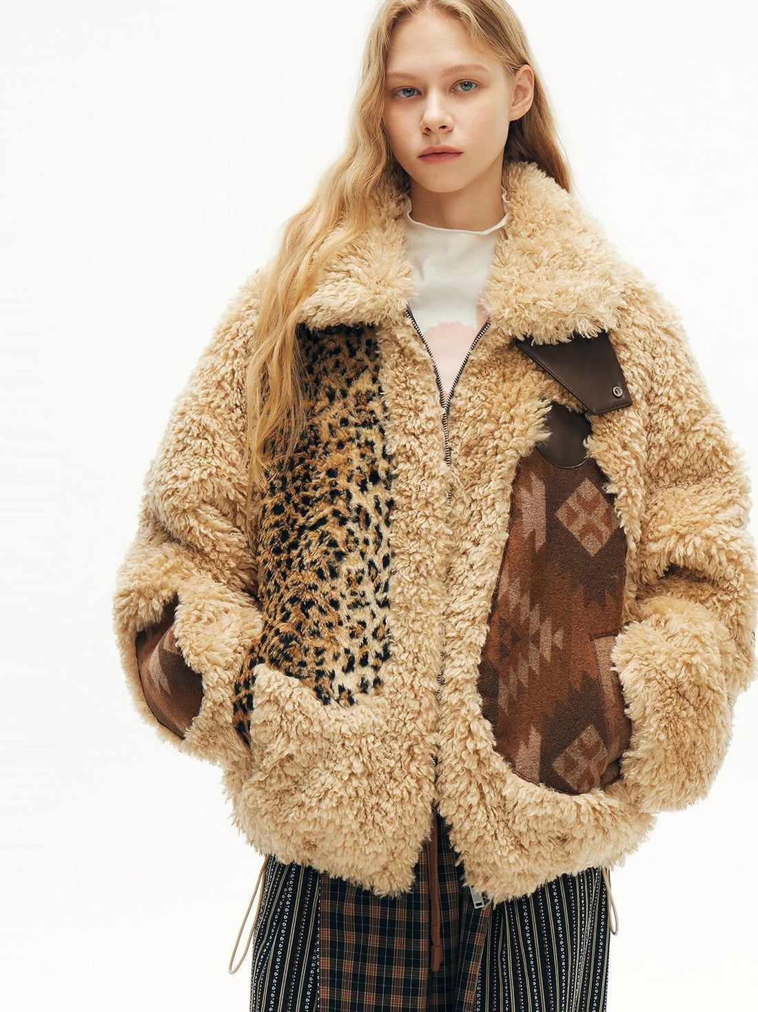 OuttheBlue Winter Fair Isle Patchwork Wool Blend Fur Trim Coat