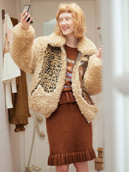 OuttheBlue Winter Fair Isle Patchwork Wool Blend Fur Trim Coat