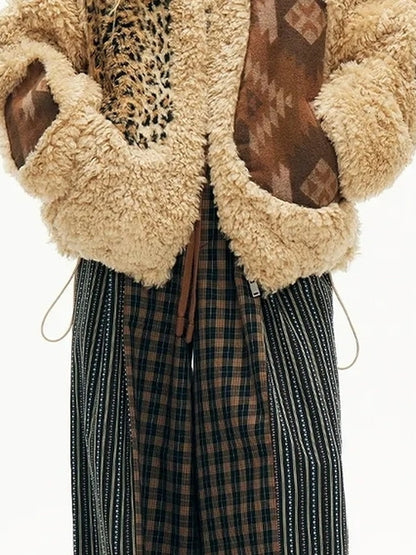 OuttheBlue Winter Fair Isle Patchwork Wool Blend Fur Trim Coat