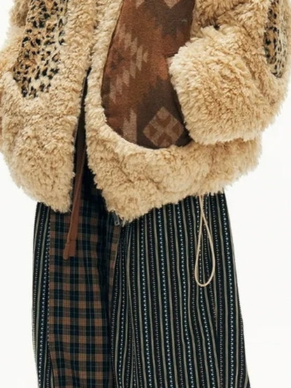 OuttheBlue Winter Fair Isle Patchwork Wool Blend Fur Trim Coat