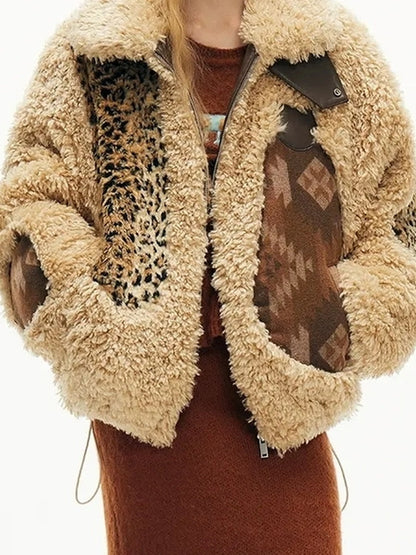 OuttheBlue Winter Fair Isle Patchwork Wool Blend Fur Trim Coat