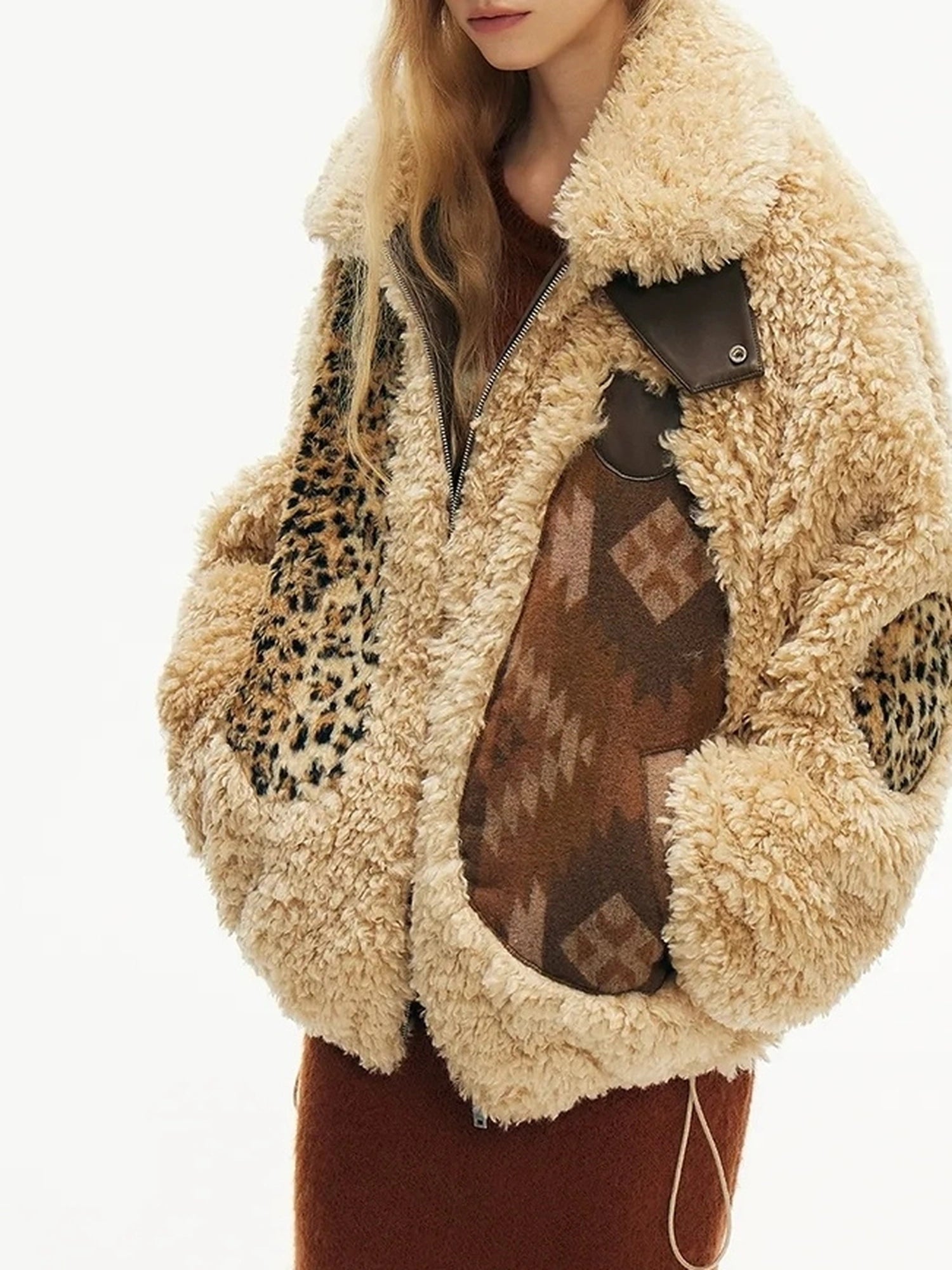 OuttheBlue Winter Fair Isle Patchwork Wool Blend Fur Trim Coat