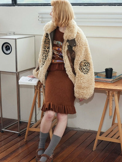 OuttheBlue Winter Fair Isle Patchwork Wool Blend Fur Trim Coat