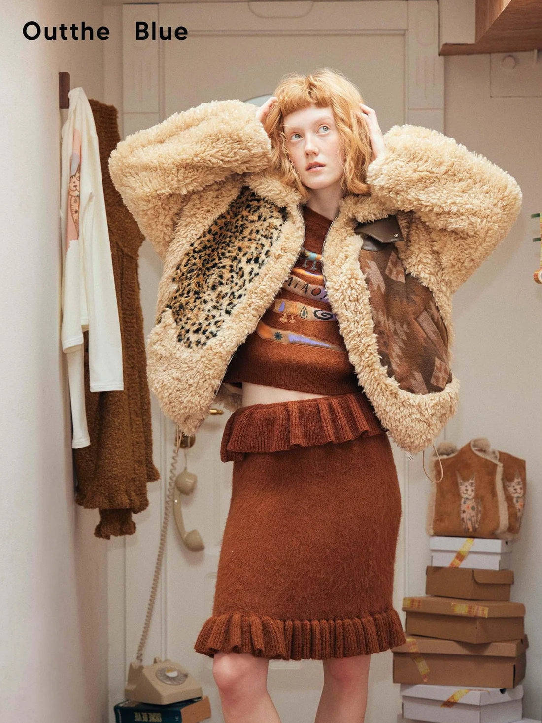 OuttheBlue Winter Fair Isle Patchwork Wool Blend Fur Trim Coat