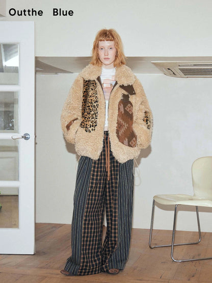 OuttheBlue Winter Fair Isle Patchwork Wool Blend Fur Trim Coat