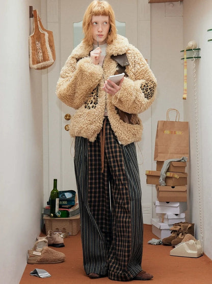 OuttheBlue Winter Fair Isle Patchwork Wool Blend Fur Trim Coat