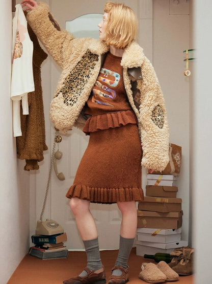 OuttheBlue Winter Fair Isle Patchwork Wool Blend Fur Trim Coat