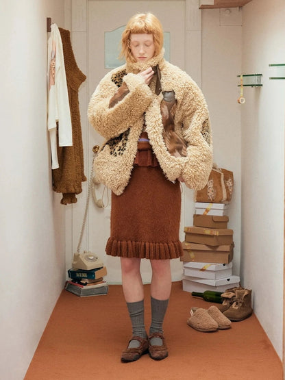 OuttheBlue Winter Fair Isle Patchwork Wool Blend Fur Trim Coat