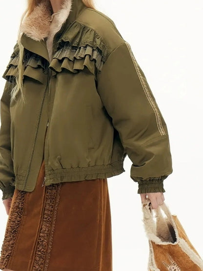 OuttheBlue Winter Fleece Stand Collar Cropped Jacket