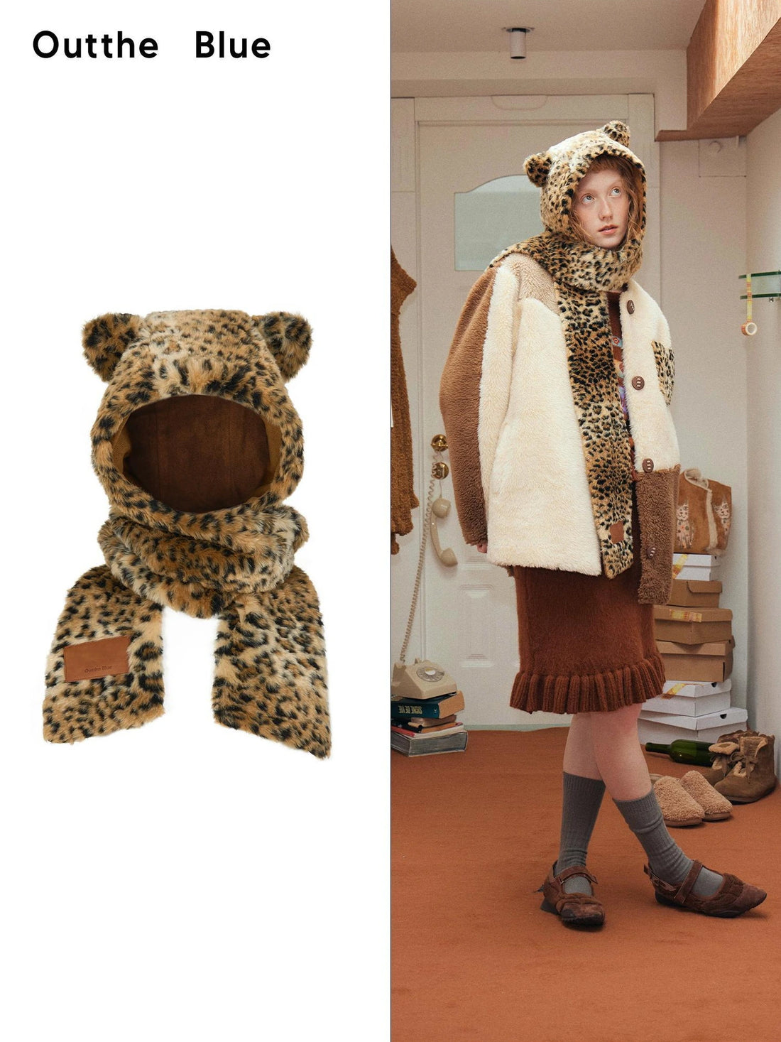 OuttheBlue Winter Leopard Print Scarf Hat With Faux Fur