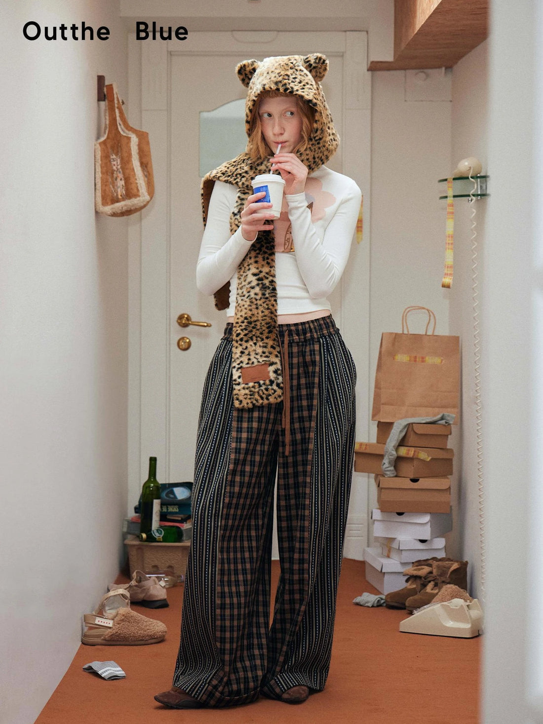 OuttheBlue Winter Leopard Print Scarf Hat With Faux Fur