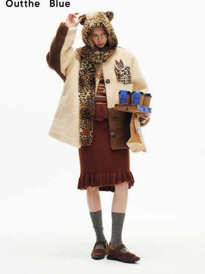 OuttheBlue Winter Leopard Print Scarf Hat With Faux Fur