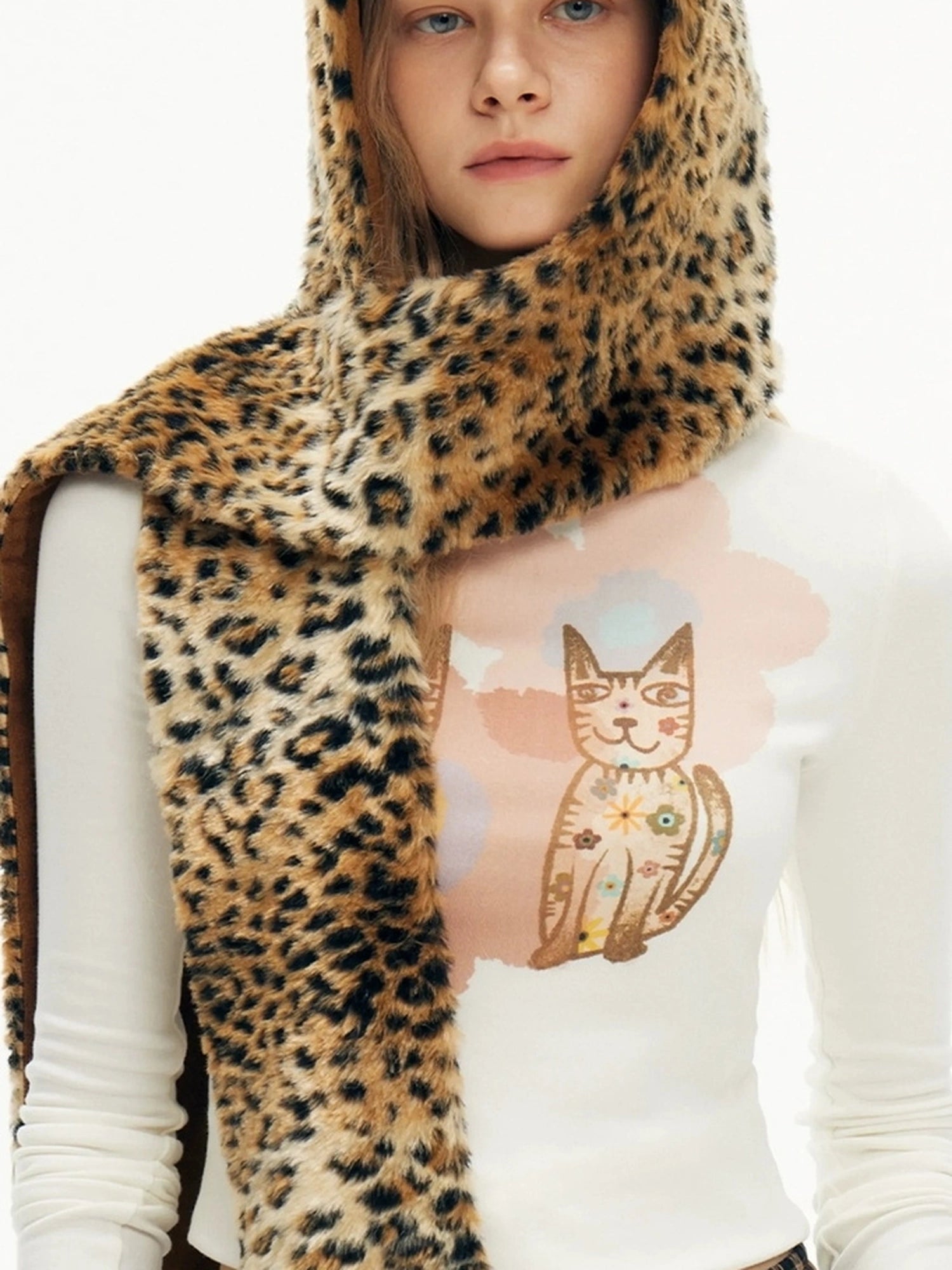 OuttheBlue Winter Leopard Print Scarf Hat With Faux Fur