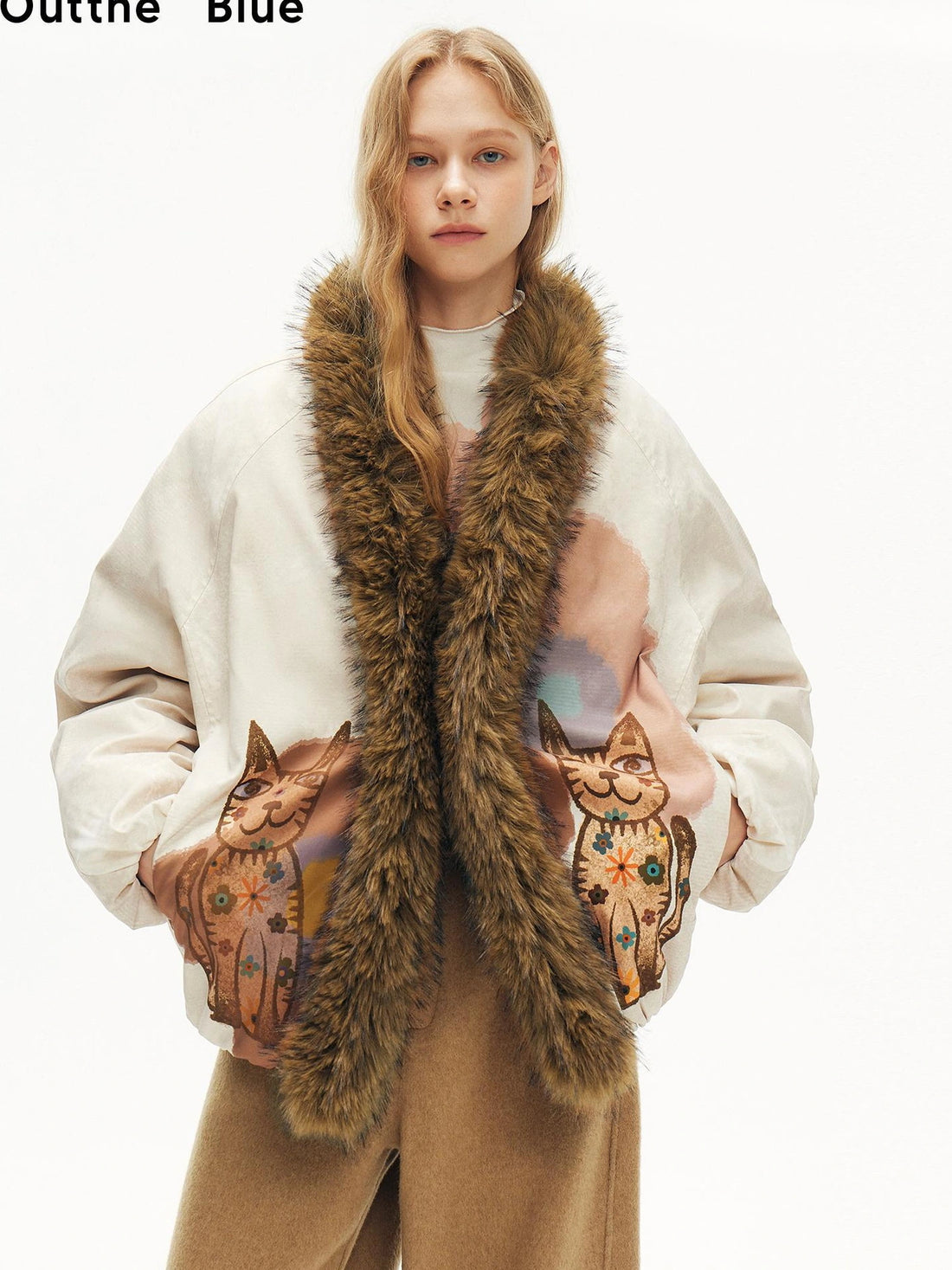 OuttheBlue Winter Lucky Cat Print Puffer Jacket With Faux Fur Hood