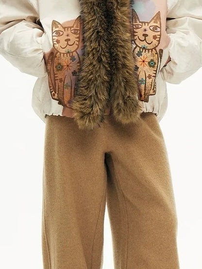 OuttheBlue Winter Lucky Cat Print Puffer Jacket With Faux Fur Hood