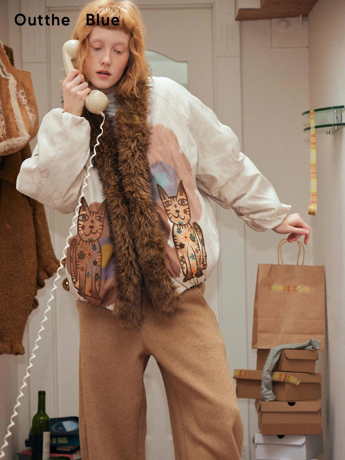 OuttheBlue Winter Lucky Cat Print Puffer Jacket With Faux Fur Hood