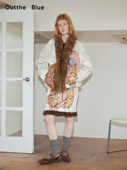 OuttheBlue Winter Lucky Cat Print Puffer Jacket With Faux Fur Hood
