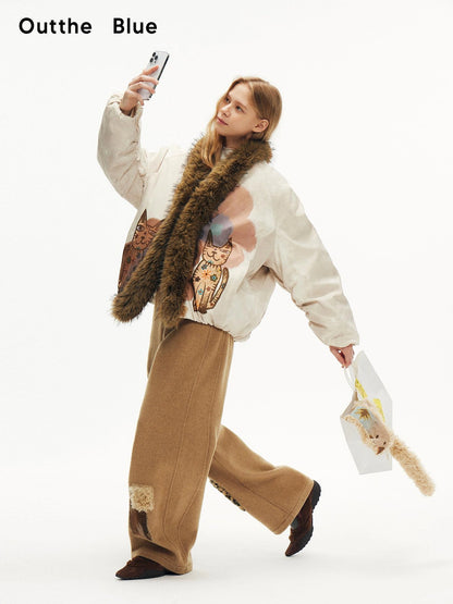 OuttheBlue Winter Lucky Cat Print Puffer Jacket With Faux Fur Hood