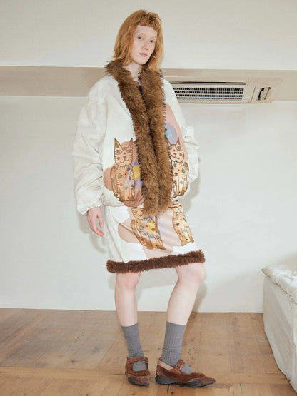 OuttheBlue Winter Lucky Cat Print Puffer Jacket With Faux Fur Hood