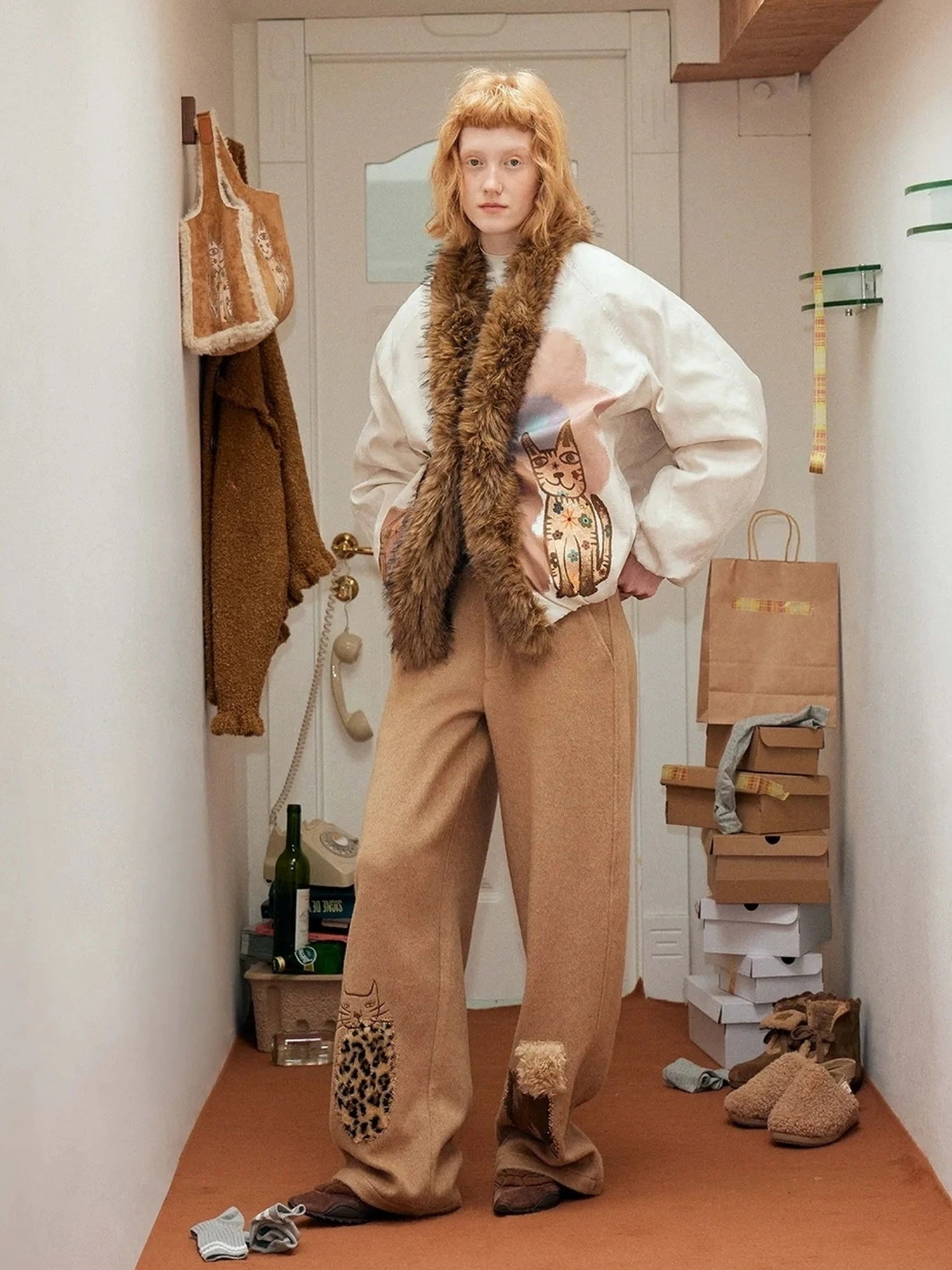 OuttheBlue Winter Lucky Cat Print Puffer Jacket With Faux Fur Hood