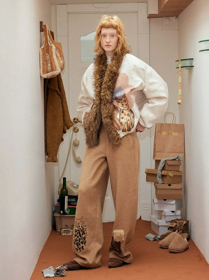 OuttheBlue Winter Lucky Cat Print Puffer Jacket With Faux Fur Hood