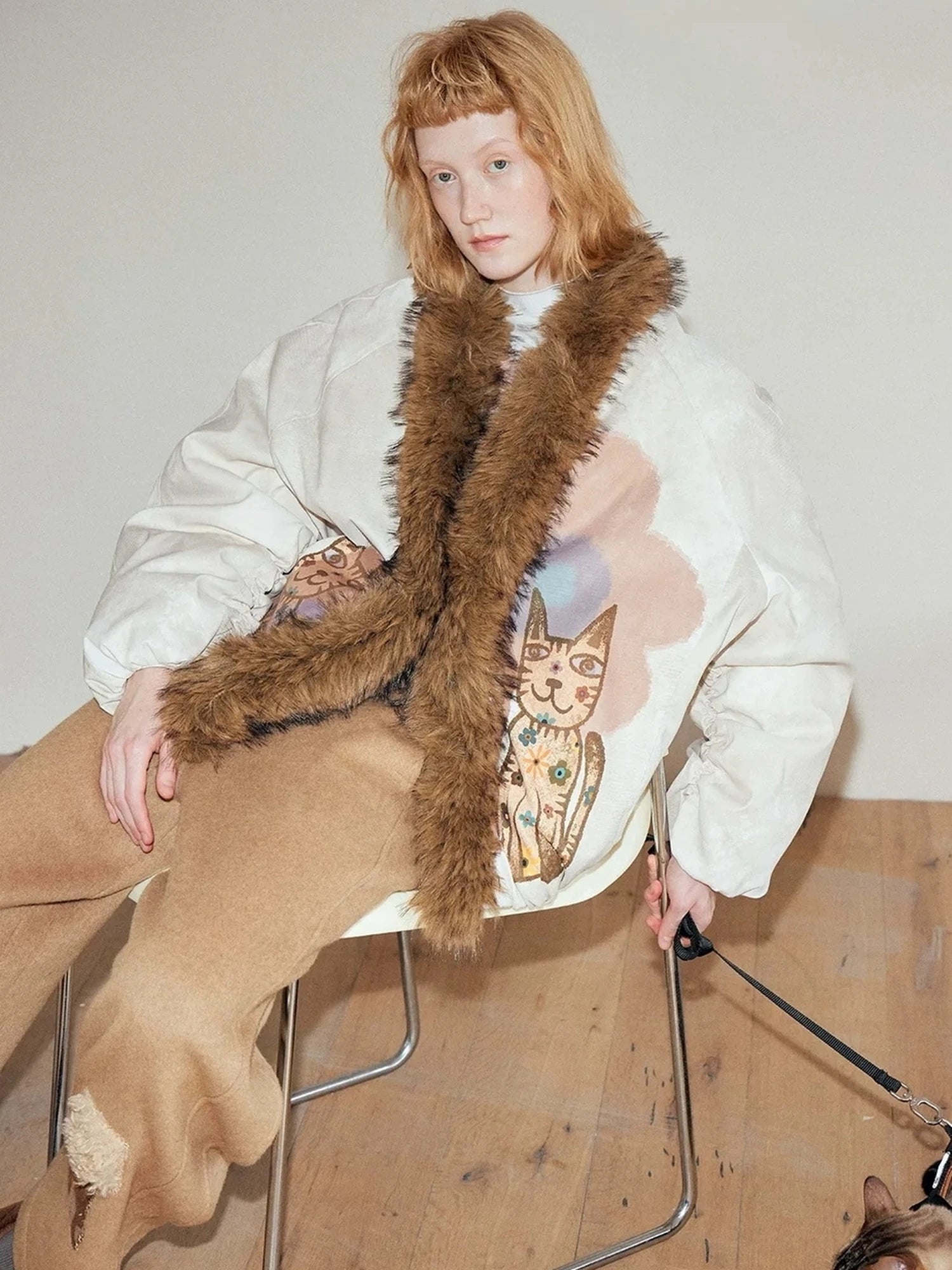 OuttheBlue Winter Lucky Cat Print Puffer Jacket With Faux Fur Hood