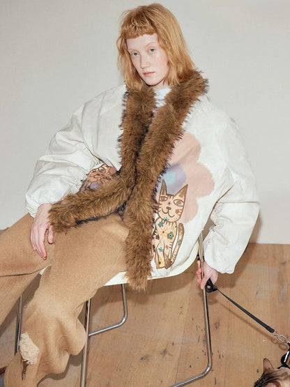 OuttheBlue Winter Lucky Cat Print Puffer Jacket With Faux Fur Hood