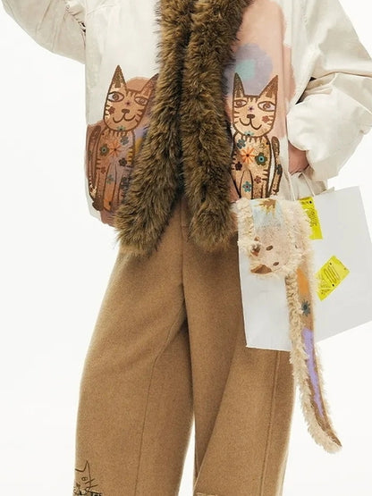 OuttheBlue Winter Lucky Cat Print Puffer Jacket With Faux Fur Hood