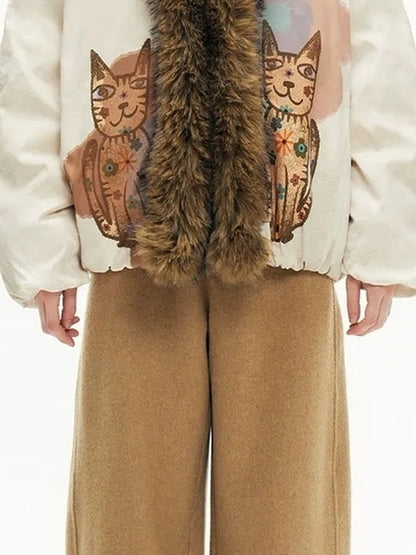 OuttheBlue Winter Lucky Cat Print Puffer Jacket With Faux Fur Hood