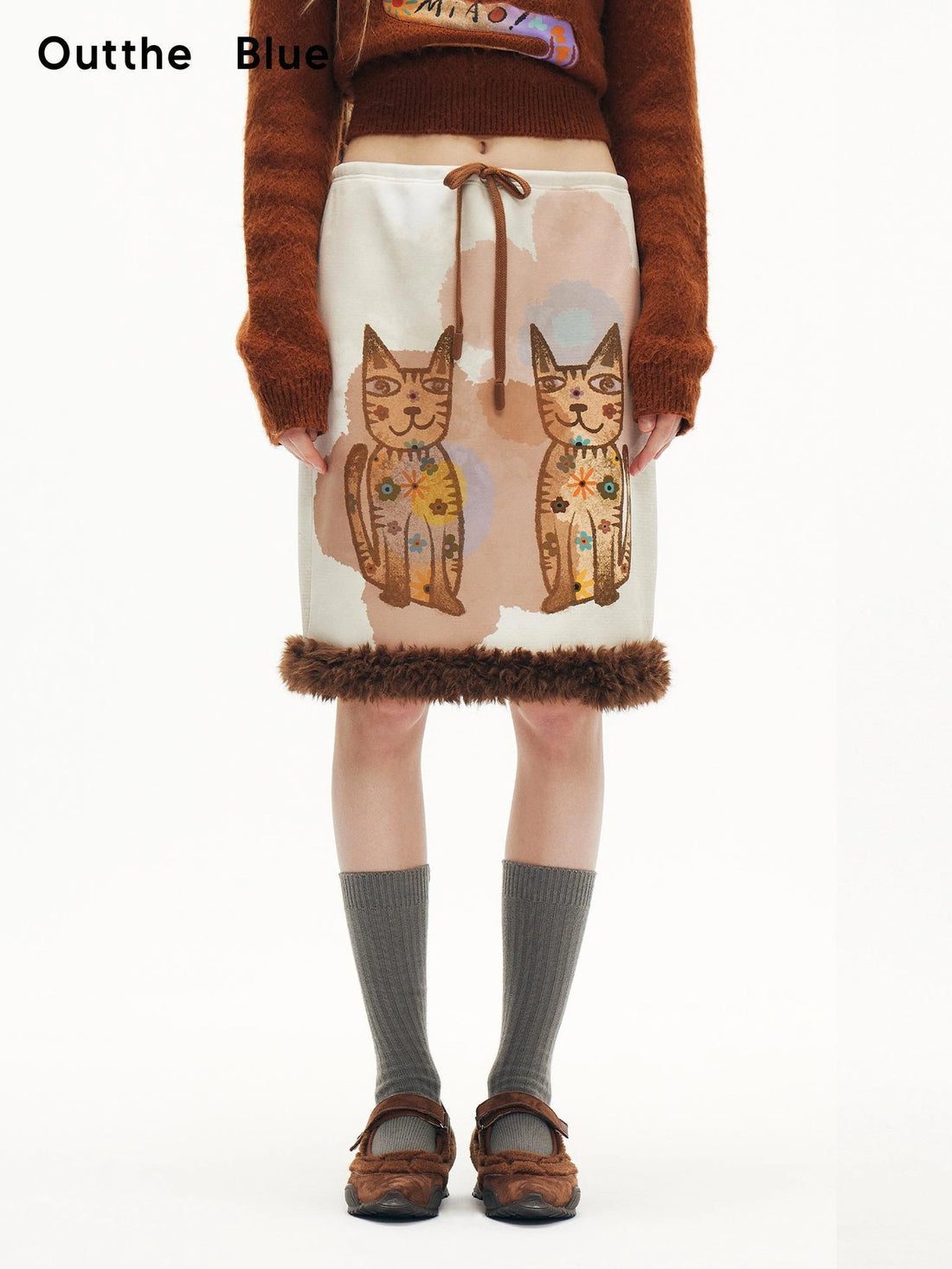 OuttheBlue Winter Plush Cat Print Drawstring Skirt