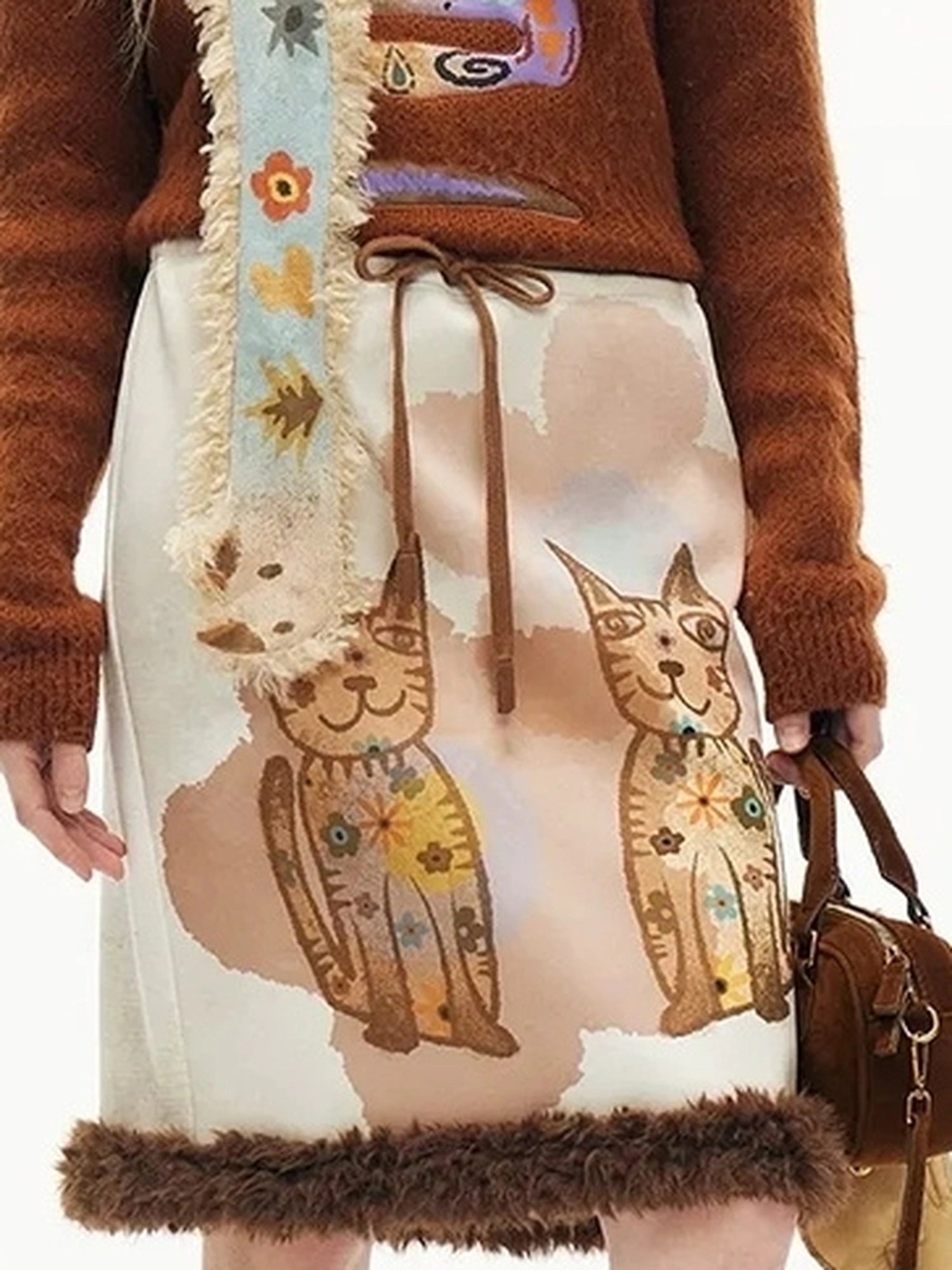 OuttheBlue Winter Plush Cat Print Drawstring Skirt