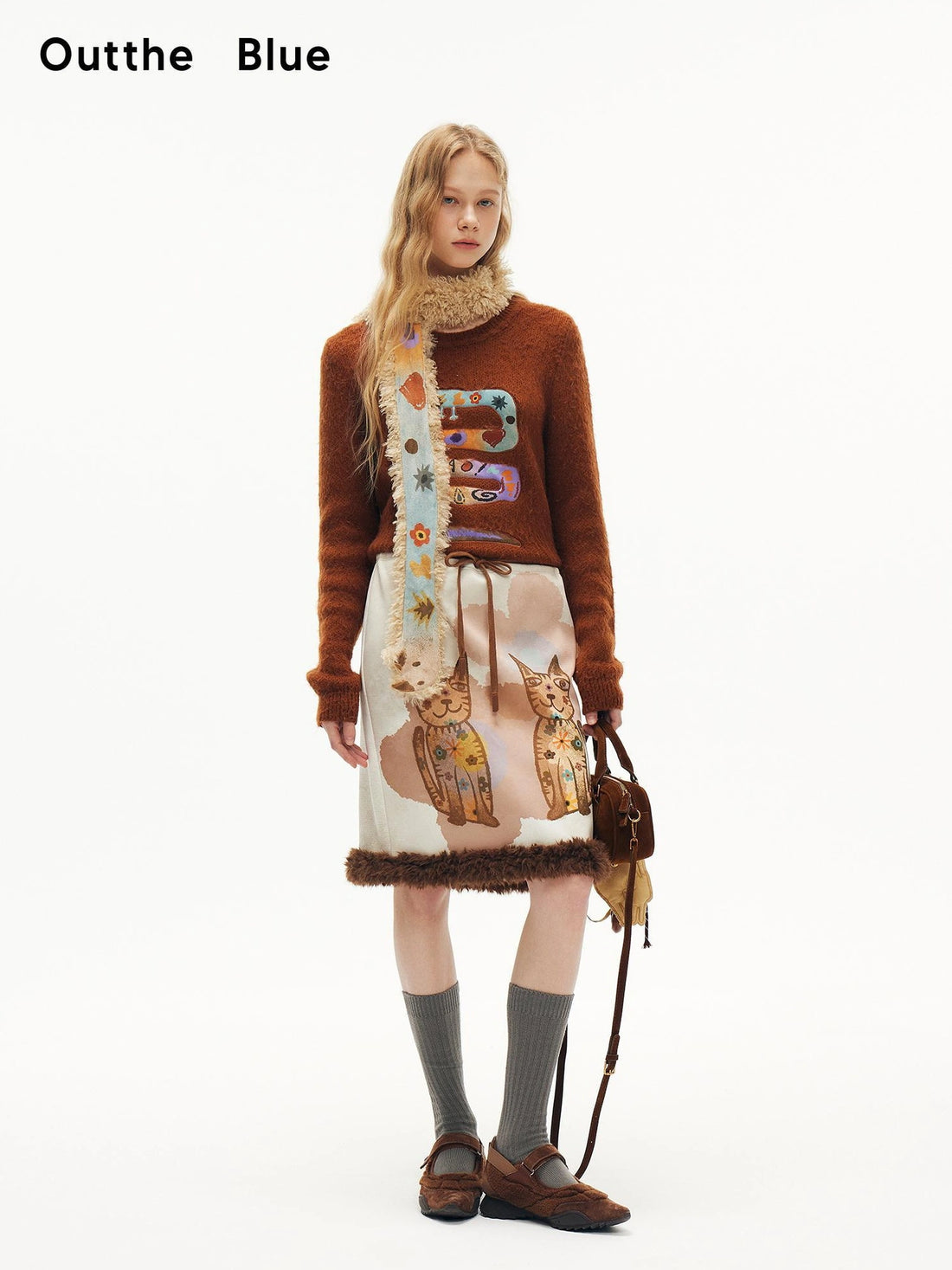 OuttheBlue Winter Plush Cat Print Drawstring Skirt