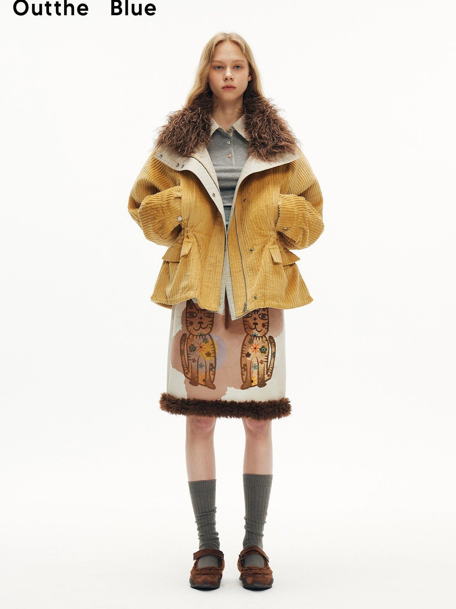 OuttheBlue Winter Plush Cat Print Drawstring Skirt