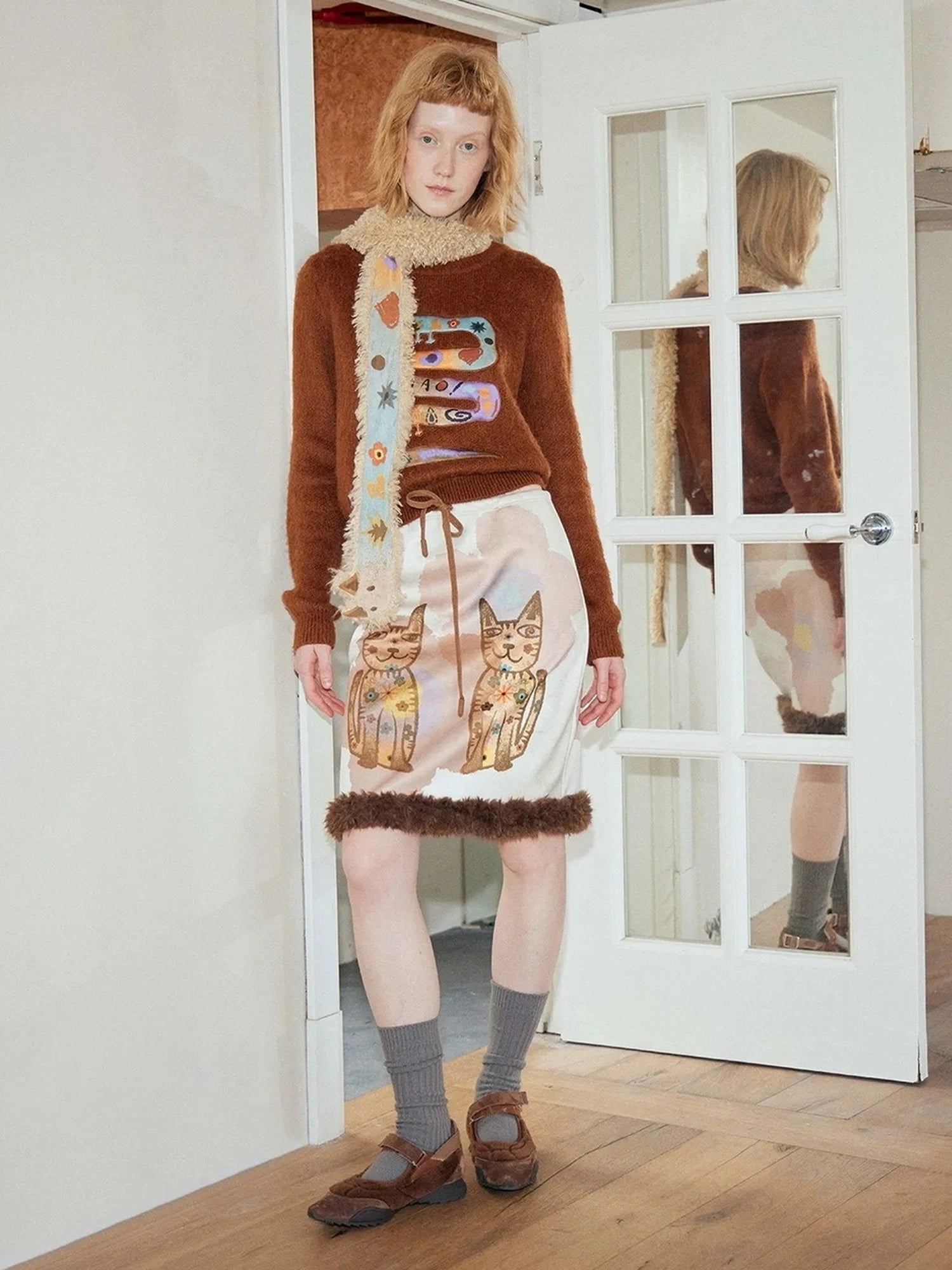 OuttheBlue Winter Plush Cat Print Drawstring Skirt