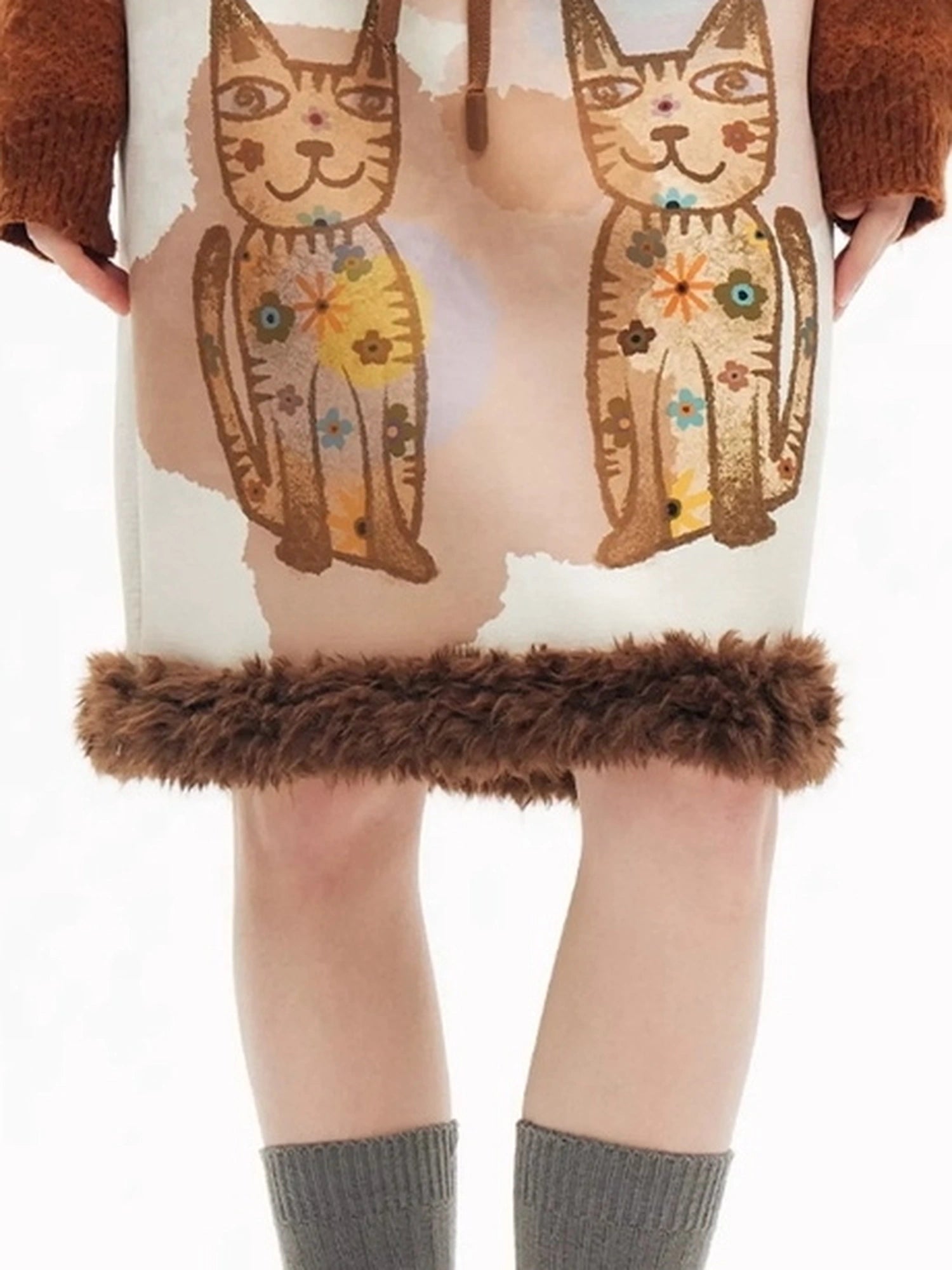 OuttheBlue Winter Plush Cat Print Drawstring Skirt
