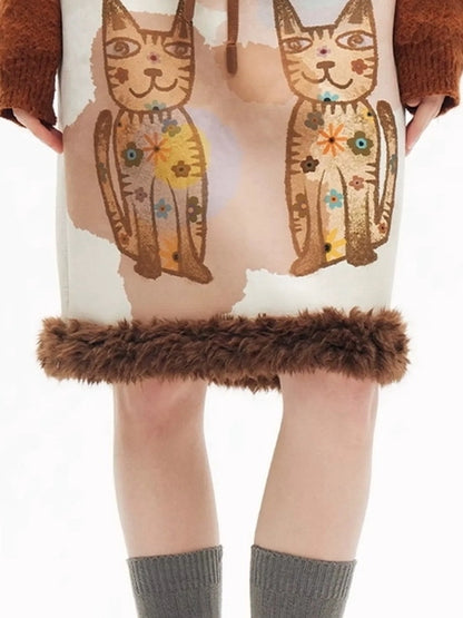 OuttheBlue Winter Plush Cat Print Drawstring Skirt