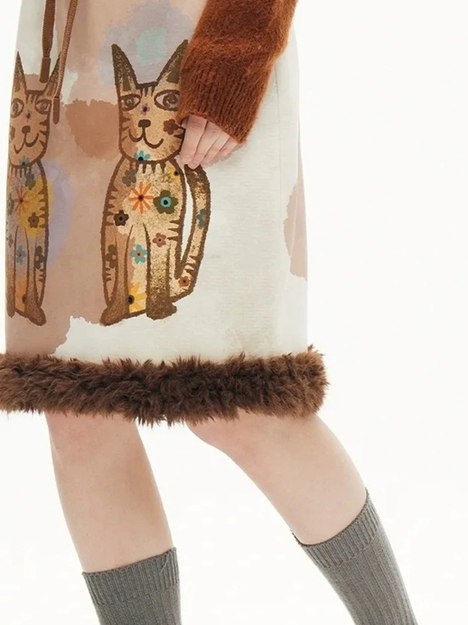OuttheBlue Winter Plush Cat Print Drawstring Skirt