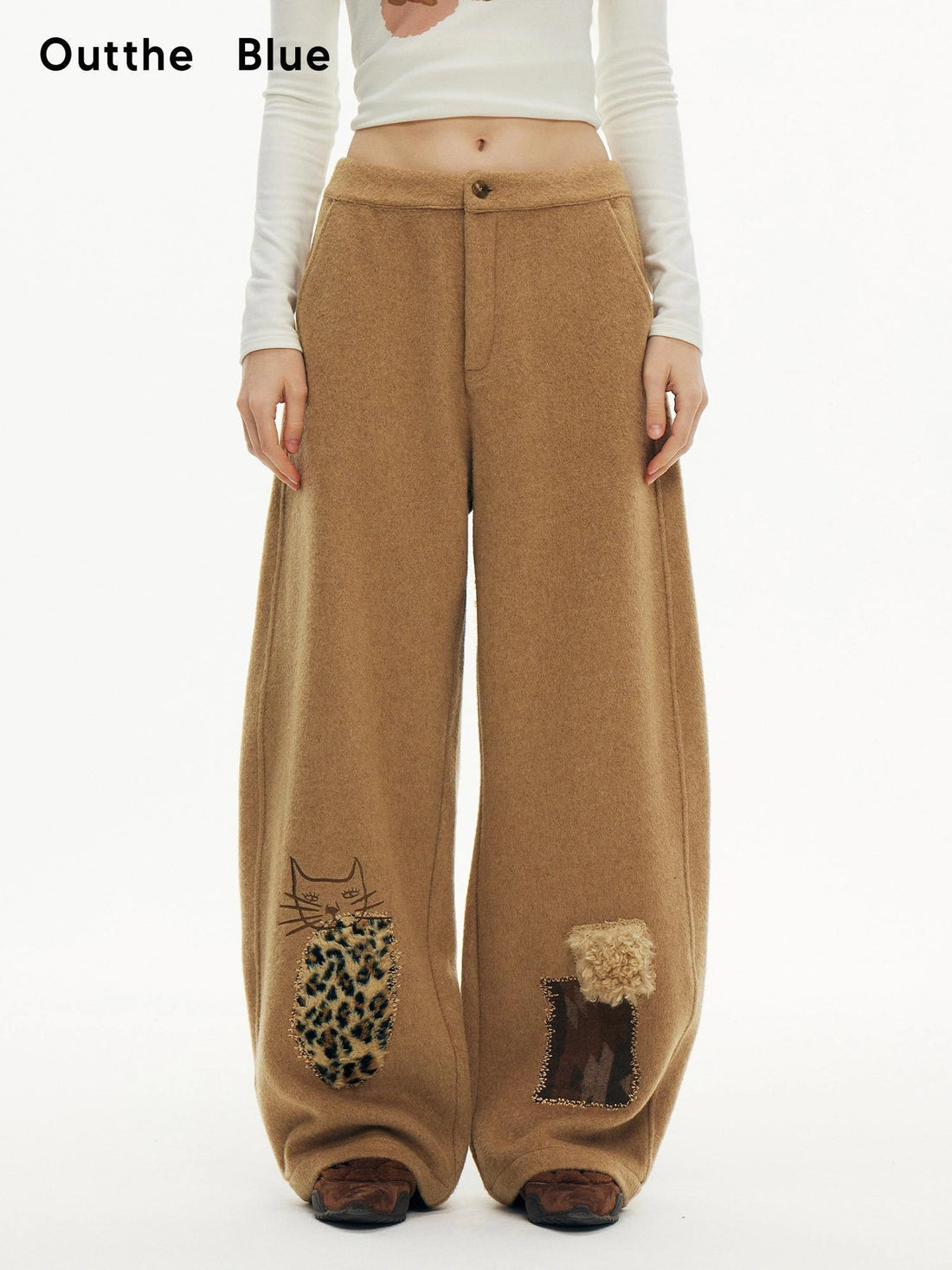 OuttheBlue Winter Tencel Wool Embroidered Cat Head Trousers