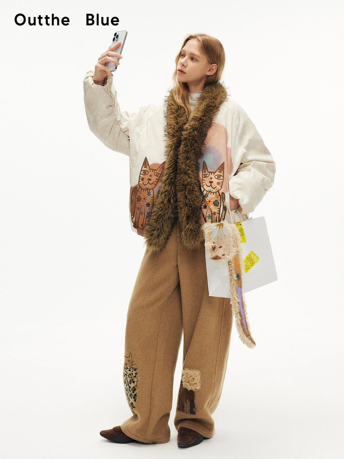 OuttheBlue Winter Tencel Wool Embroidered Cat Head Trousers