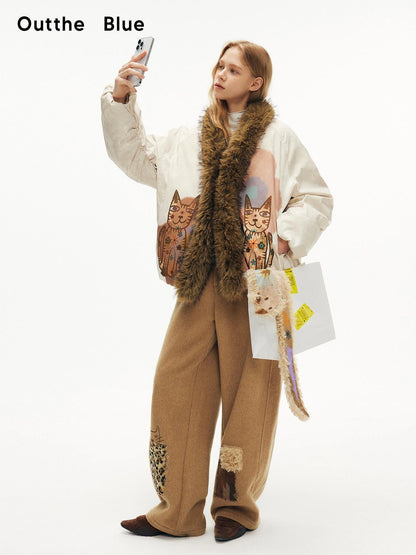 OuttheBlue Winter Tencel Wool Embroidered Cat Head Trousers