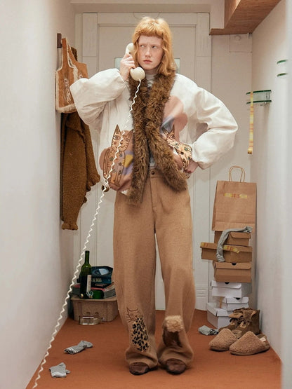 OuttheBlue Winter Tencel Wool Embroidered Cat Head Trousers
