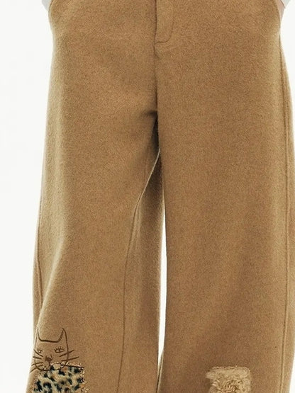 OuttheBlue Winter Tencel Wool Embroidered Cat Head Trousers