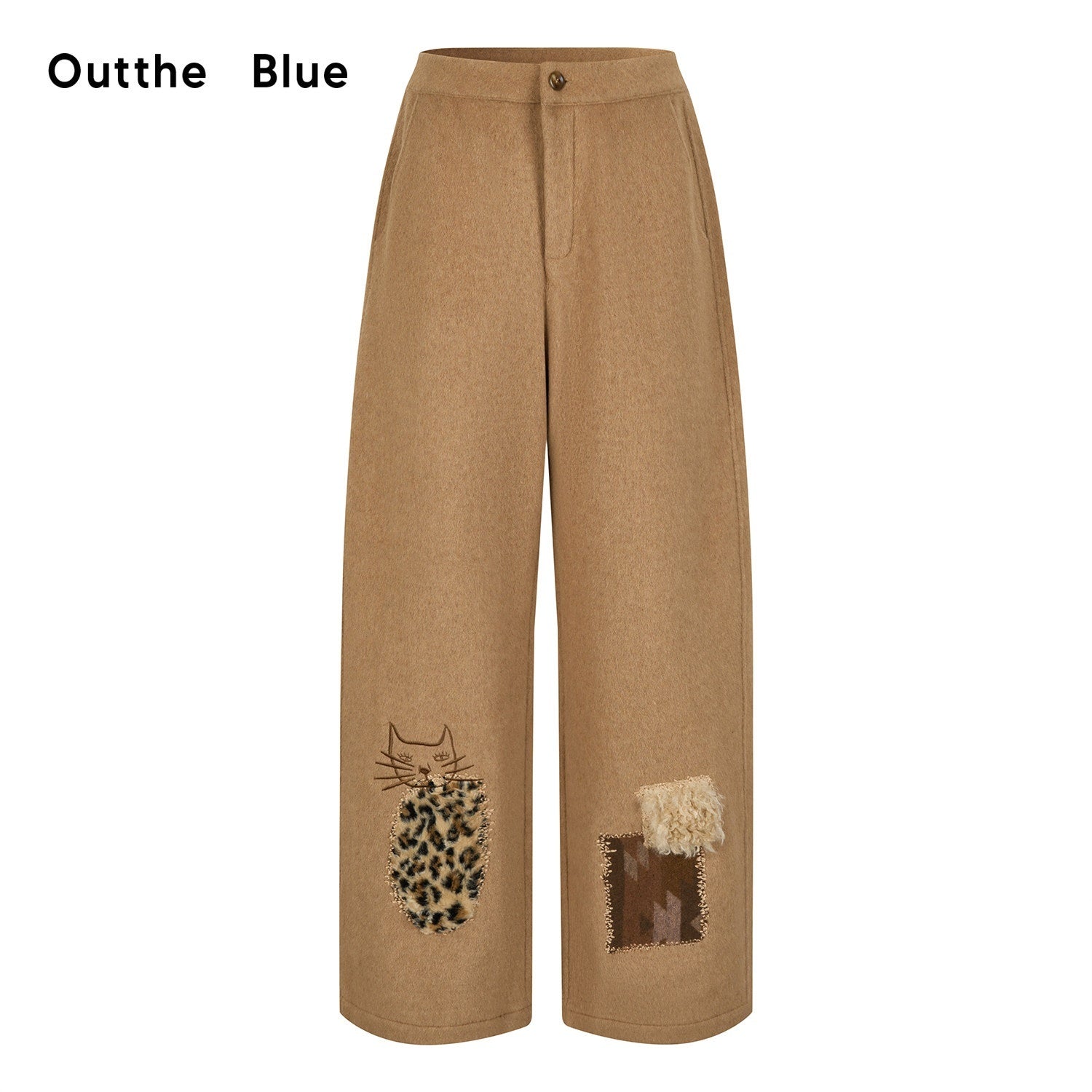 OuttheBlue Wool Blend Embroidered Pocket Straight Leg Loose Natural Waist Women Camel Pants