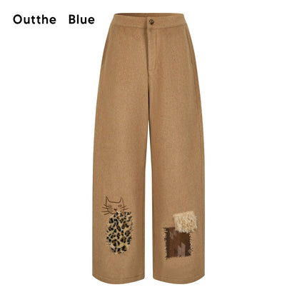 OuttheBlue Wool Blend Embroidered Pocket Straight Leg Loose Natural Waist Women Camel Pants