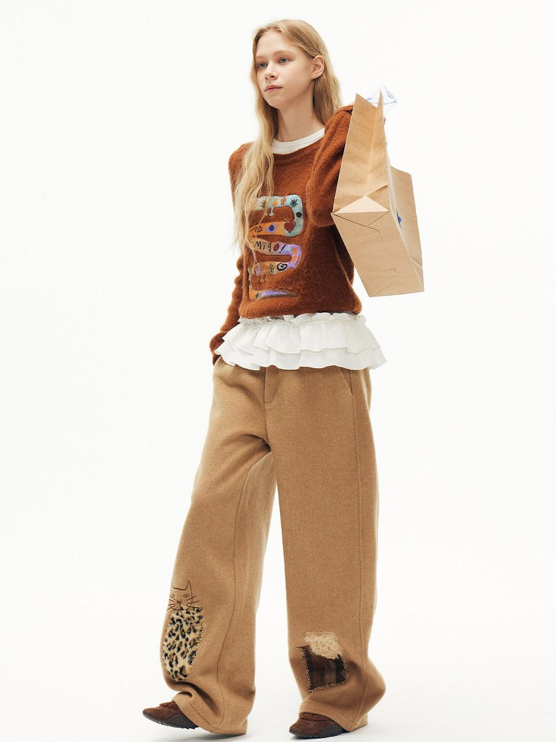 OuttheBlue Wool Blend Embroidered Pocket Straight Leg Loose Natural Waist Women Camel Pants