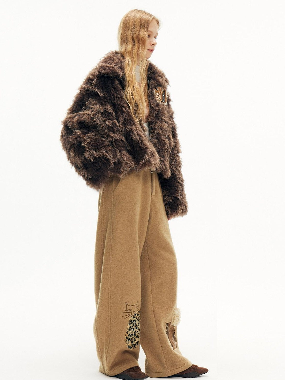 OuttheBlue Wool Blend Embroidered Pocket Straight Leg Loose Natural Waist Women Camel Pants
