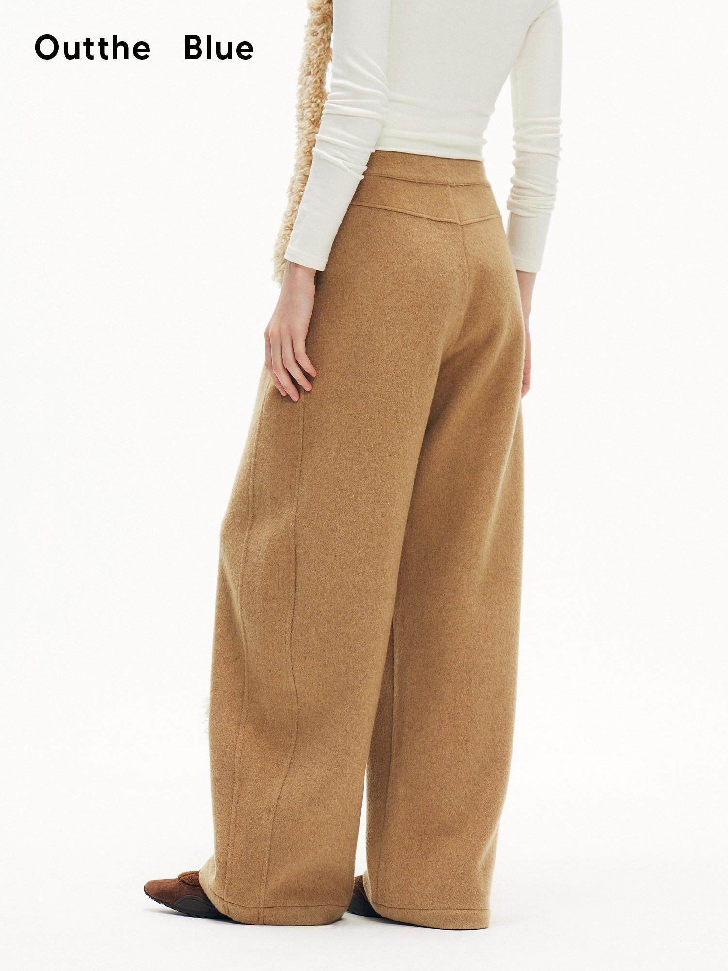 OuttheBlue Wool Blend Embroidered Pocket Straight Leg Loose Natural Waist Women Camel Pants