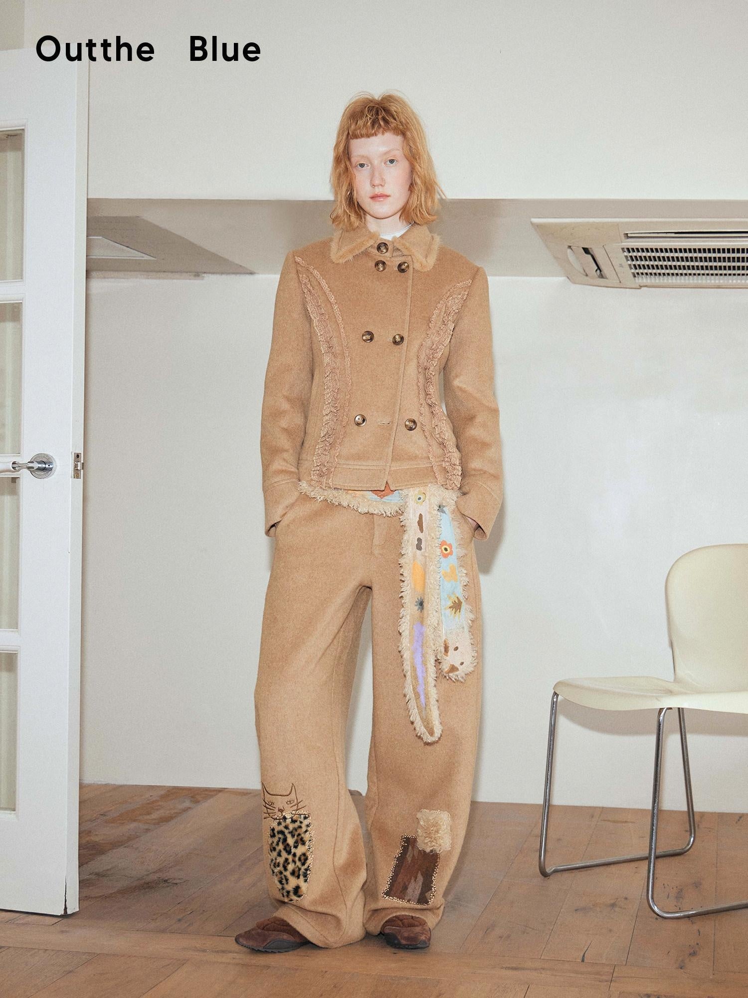 OuttheBlue Wool Blend Embroidered Pocket Straight Leg Loose Natural Waist Women Camel Pants