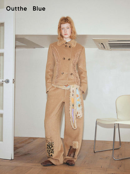 OuttheBlue Wool Blend Embroidered Pocket Straight Leg Loose Natural Waist Women Camel Pants