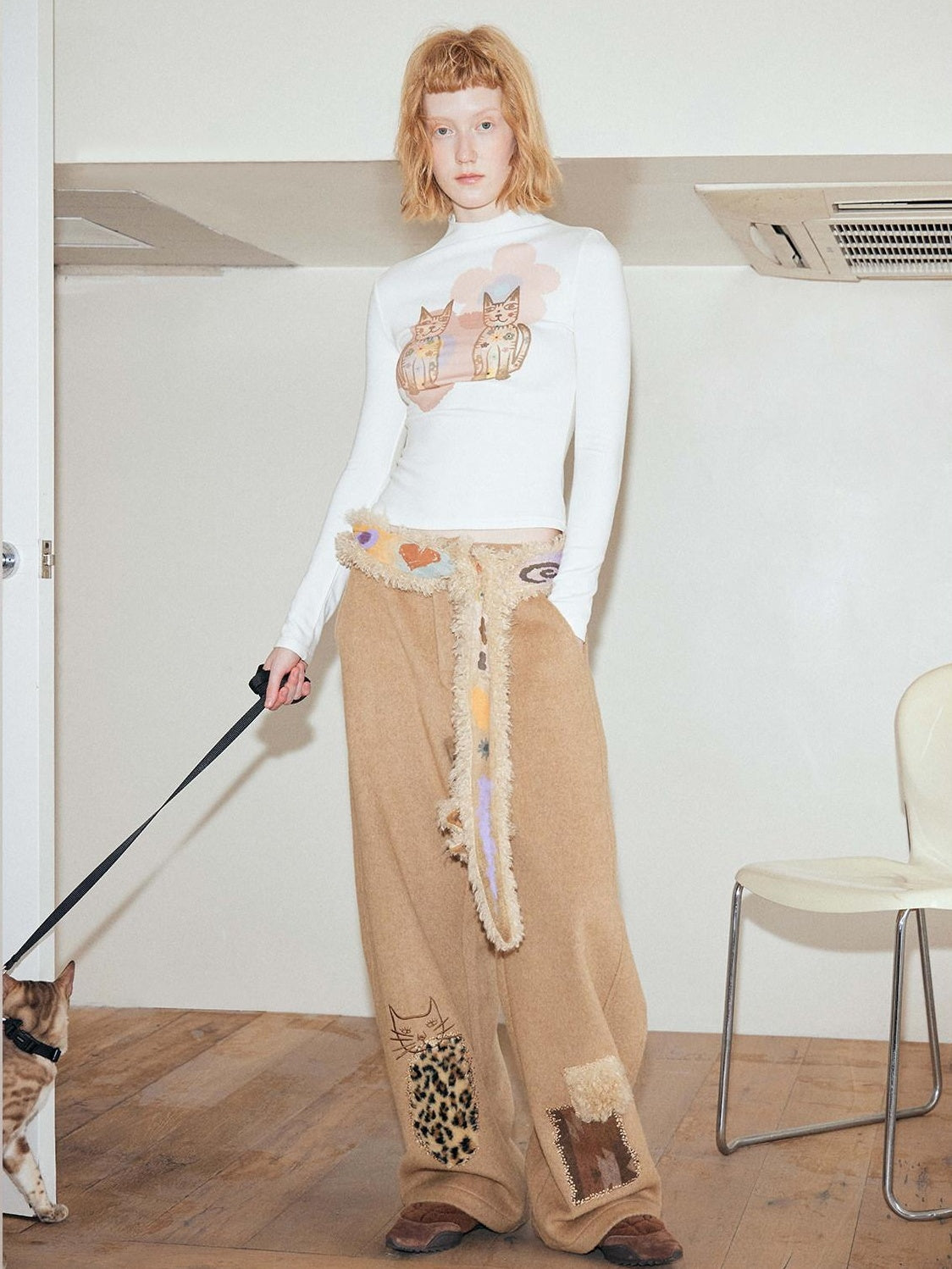 OuttheBlue Wool Blend Embroidered Pocket Straight Leg Loose Natural Waist Women Camel Pants